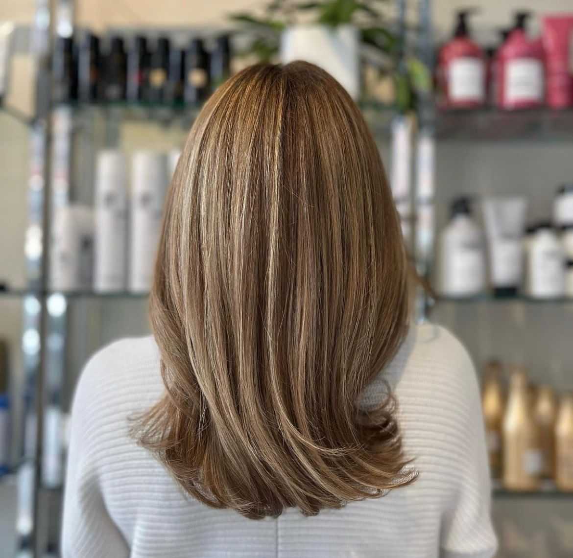Back view of a woman with layered brown hair in a salon setting.