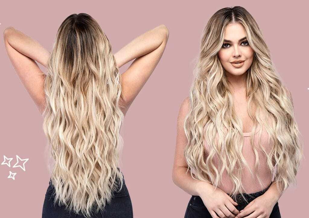 Long, wavy blonde hair shown from the back and front on a woman in a pink top.