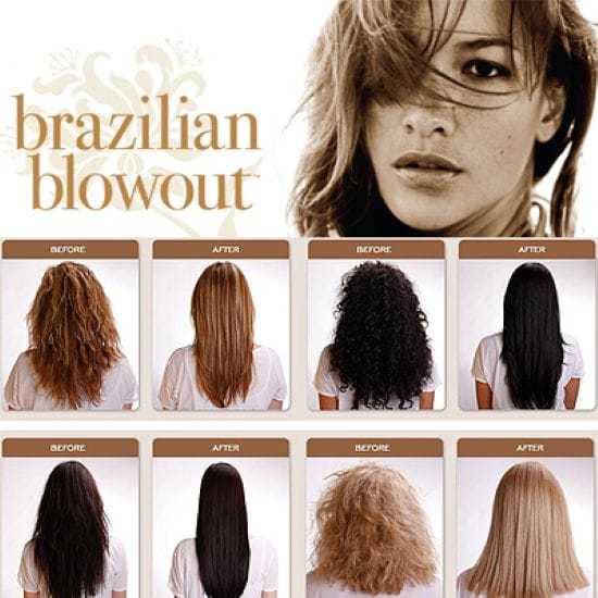 Brazilian Blowout ad showing before and after hair transformations.